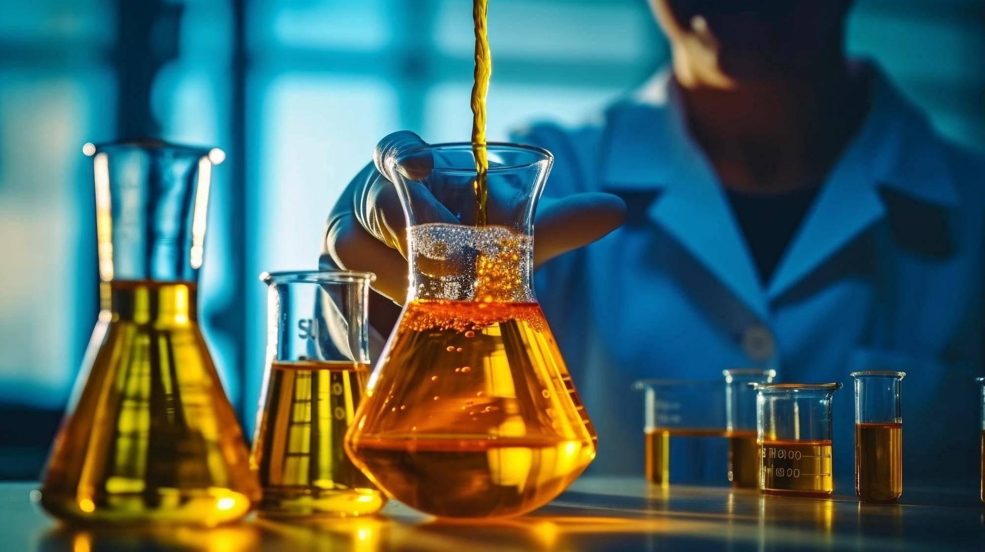 Scientist pouring oil into a flask among beakers, illustrating research in Fryer Oil Management Tips.