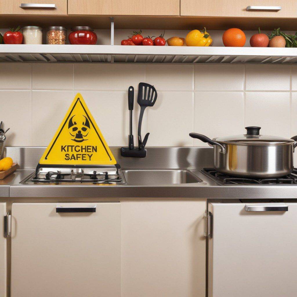 Vegas kitchen safety: Modern kitchen with a yellow 'Kitchen Safety' sign on the stove, utensils, and fresh produce on the shelf above.