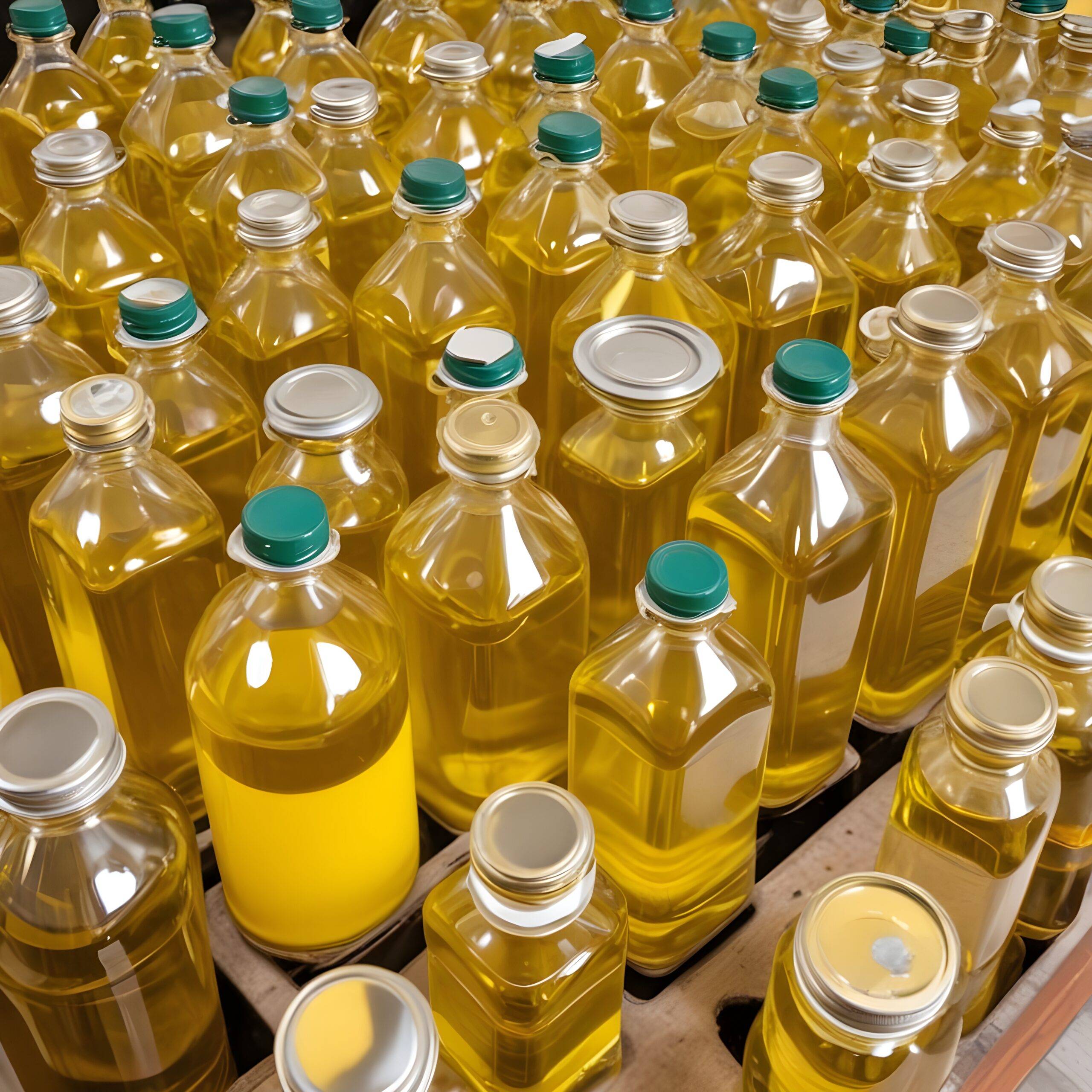 Bottles of cooking oil arranged in rows, representing eco-friendly used cooking oil management practices for sustainable kitchens.